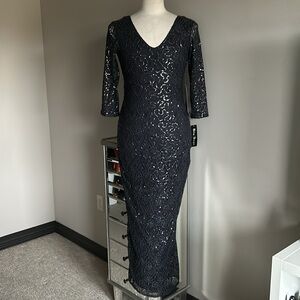 Blu Sage | Womens Blue V Neck Dress w/ Sequins & Crochet Overlay - Size 10